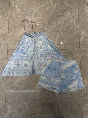 Pucci Blue Abstract Print Silk Matching Set Top and Shorts